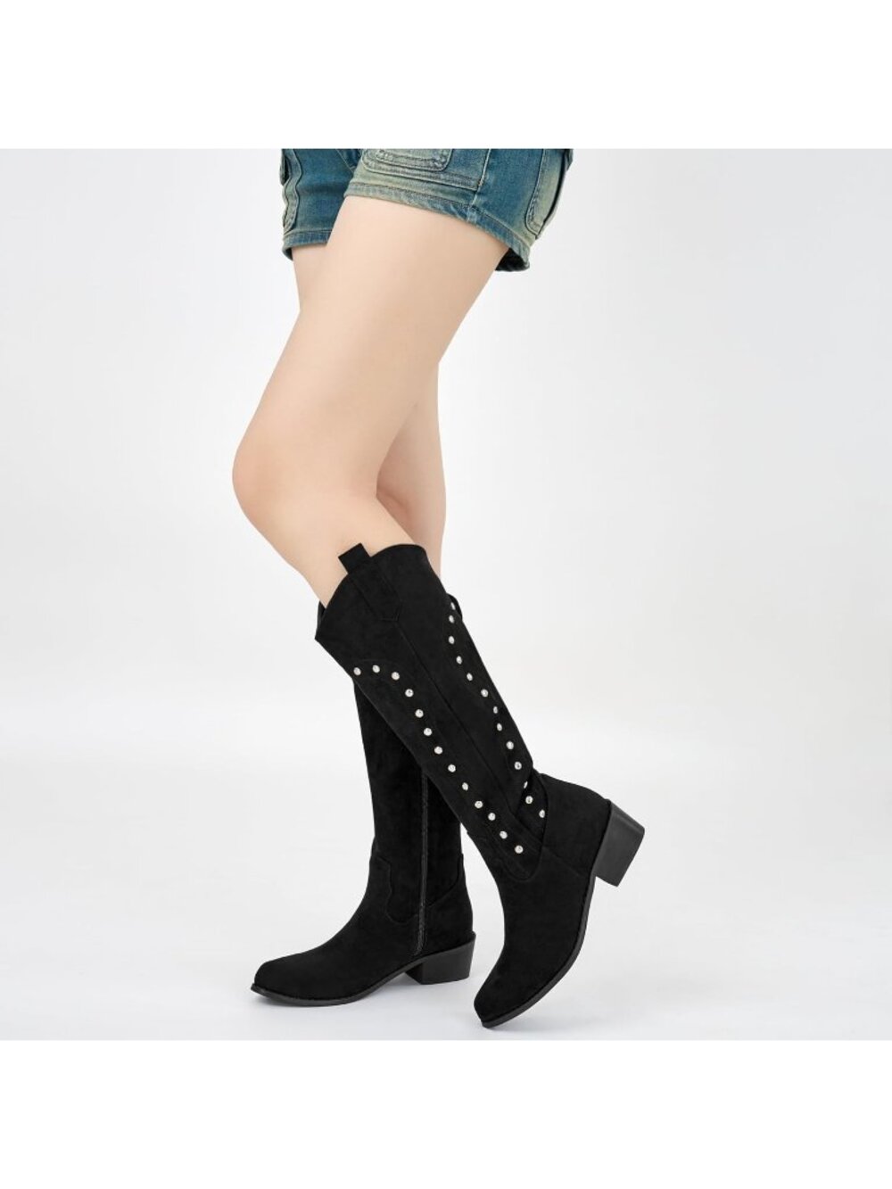Women's Black Western Knee High Wide Calf Suede Cowgirl Boots Comfortable - Picture 2 of 5